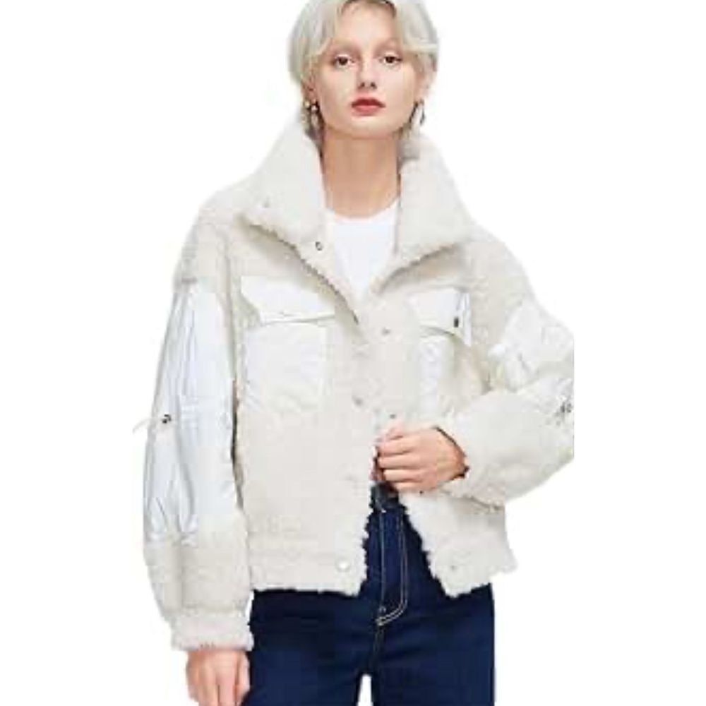 Women's jacket Dual Pocket Button Up Drawstring Teddy Jacket jacket White Large